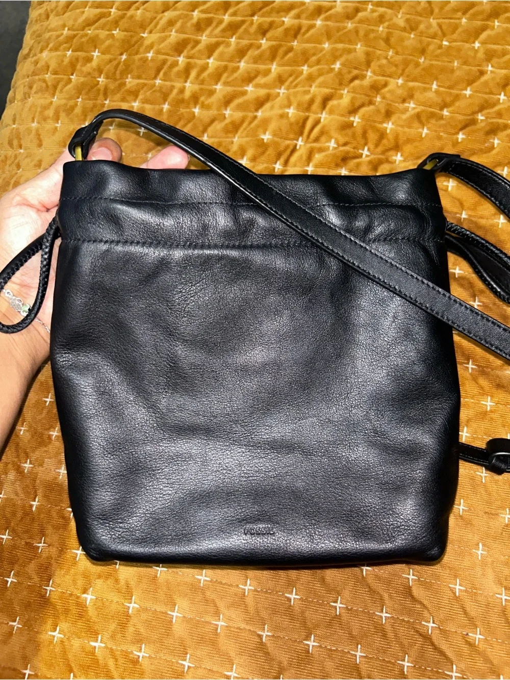 Black leather Fossil drawstring purse